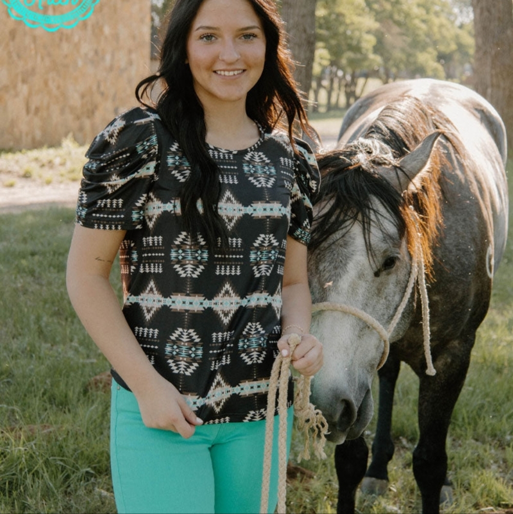 NEW Sterling Kreek Black Western Aztec Print Top